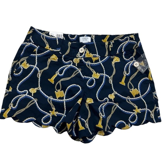 NWT CROWN AND IVY Shelby Navy and Gold Scalloped Sail Rope Print Shorts Size 8 - Picture 1 of 7